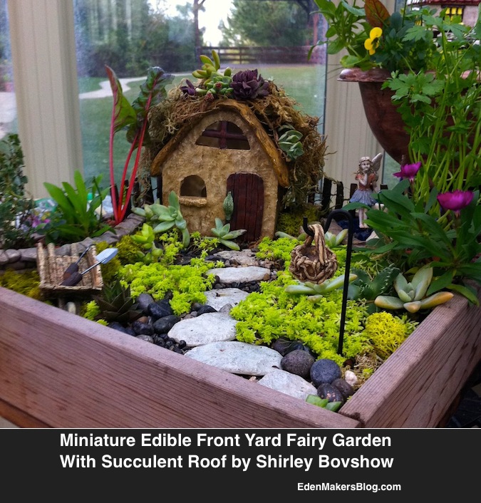 miniature and fairy garden design ideas by shirley bovshow, container gardening, flowers, gardening, home decor, succulents, This mini garden features a succulent roof among other details Can you see a common theme running through this garden Look closely