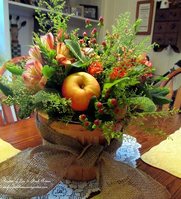 apple harvest basket, container gardening, crafts, flowers, Create your own Apple Harvest Basket using freshly picked apples garden greens and a variety of inexpensive flowers See more at