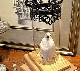 icy winter vignette, crafts, seasonal holiday decor, This snowy white penguin stands tall in a crown topped hurricane