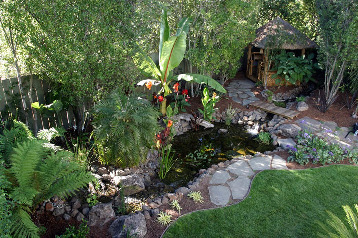 gazebos and ponds some things just go together, gardening, outdoor living, ponds water features, If you like the tropical look this tikki type gazebo is perfect for you