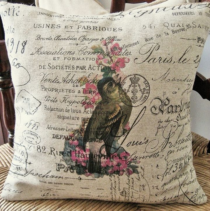 diy vintage french script bird pillows for free, crafts, Another beautiful iron on bird graphic does the trick