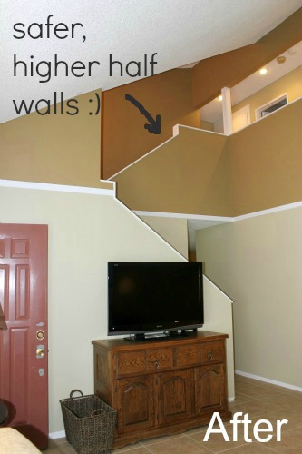 a total home makeover 3 years in the making, bathroom ideas, bedroom ideas, dining room ideas, home decor, stairs, Half walls replace old rickety stair railing Decorative molding brings the eye down into the room and distracts from tall walls