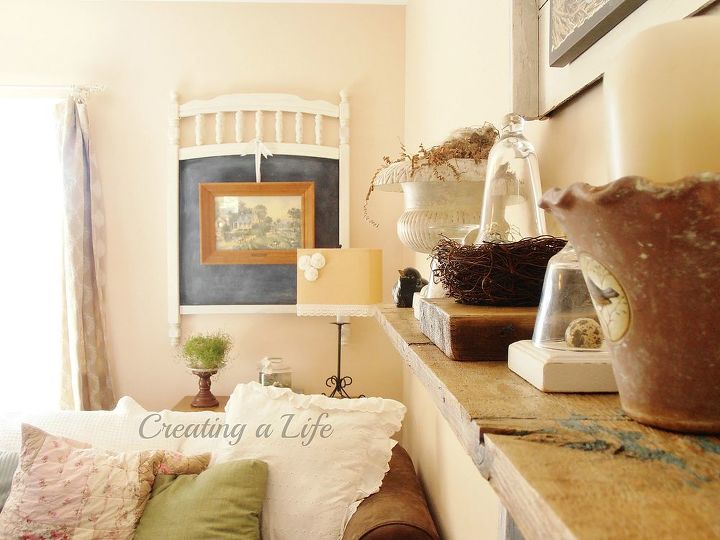 spring in half the living room, living room ideas, seasonal holiday decor, Rustic board mantel shelf