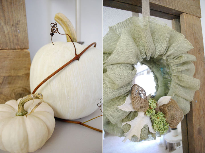 decorating for autumn on a budget, seasonal holiday d cor, wreaths, painted pumpkins and fall wreath with canvas cut leaves burlap and dried hydrangeas