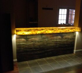custom bar, entertainment rec rooms, home decor, woodworking projects, The front of the bar features Formica Petrified Wood Laminate and lighted with an led Lighted Corian countertop