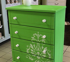 adding color and a stencil to wake up a boring piece of furniture, chalk paint, painted furniture, Finished with new hardware and a stencil