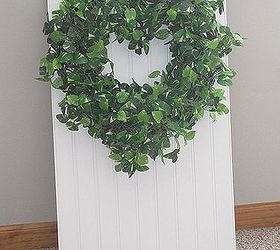 diy boxwood amp bead board wall art, crafts, home decor, wreaths, Then attach your heart wreath to bead board with those peel and stick hooks from the hardware store or WM then finish it off with a stensiled design or words like I did with the word LOVE and a heart see pic above