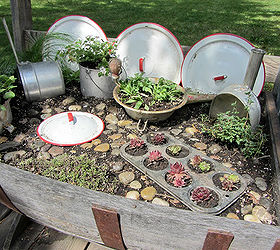 top flower junk garden posts 2012, container gardening, flowers, gardening, repurposing upcycling, succulents, The Kitchen Fairy Garden was my first Hometalk post to be featured See how I used a half barrel and vintage kitchen utensils to create a fairy garden http organizedclutterqueen blogspot com 2012 05 kitchen fairy garden html