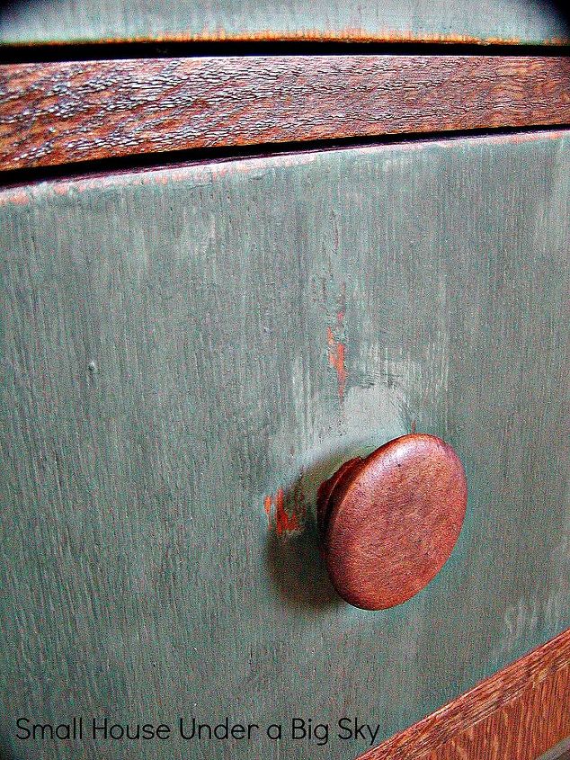 adding storage with vintage dresser, chalk paint, painted furniture, repurposing upcycling, storage ideas, Original wooden mushroom style drawer pulls add interest to the painted surface