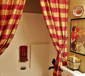 my french country guest bath, bathroom ideas, home decor, A pair of buffalo check drapes serve as the shower curtain backed with a liner of course