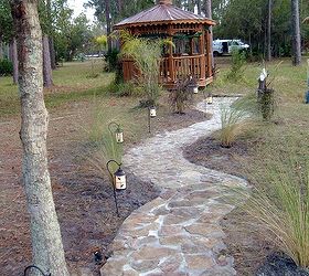water feature on a natural pond, decks, landscape, outdoor living, ponds water features, flagstone pathway from gazebo to ponds edge