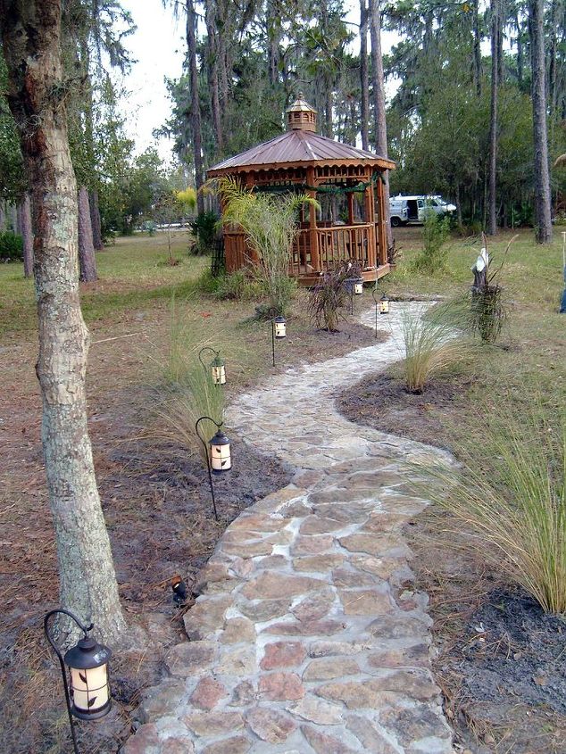 water feature on a natural pond, decks, landscape, outdoor living, ponds water features, flagstone pathway from gazebo to ponds edge