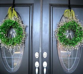 spring porch, curb appeal, porches, seasonal holiday decor, wreaths, Faux boxwood wreaths with white pip berries and burlap ribbon