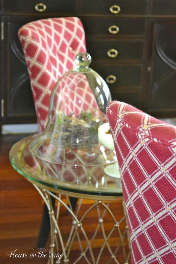living room home tour, home decor, living room ideas, painted furniture, Glass top Gold round table sits between two red plaid side chairs