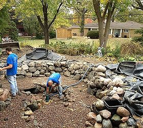pond rehab medinah il, outdoor living, ponds water features, Gravel sets the stage for an easy Friday and a little waterfall building competition