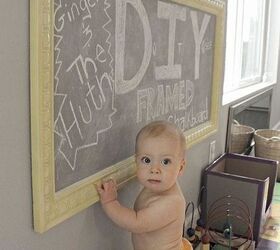 diy framed chalkboard tutorial, diy, how to, He s a little young for it right now he uses it to pull up on and tries to lick up as much chalk as he can