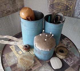 tin can sewing caddy, crafts, repurposing upcycling, Hot glued the cans together and add a wire handle