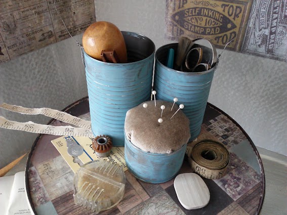 tin can sewing caddy, crafts, repurposing upcycling, Hot glued the cans together and add a wire handle