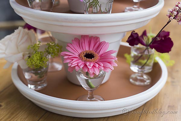 turn you leftover terracotta pots into a centerpiece for your table, crafts, home decor, repurposing upcycling, Petite glasses are perfect vases for single flowers