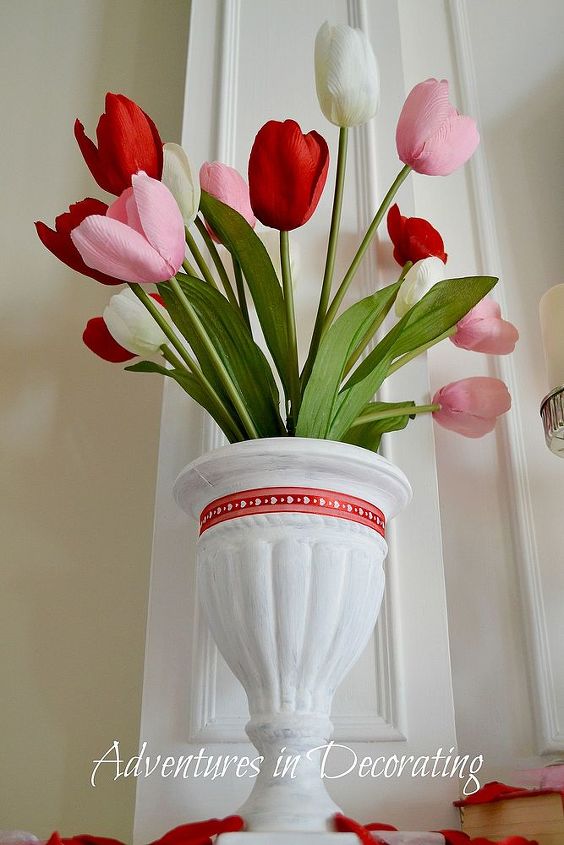 our simple valentine mantel valentinesday, christmas decorations, fireplaces mantels, seasonal holiday d cor, valentines day ideas, wreaths, Nothing like faux tulips from Michael s they bloom beautifully