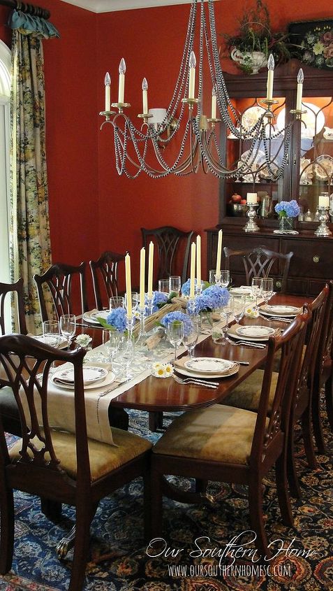 summer dining room, dining room ideas, seasonal holiday decor, The colors from the rug and window treatments allow me many dining table color choices