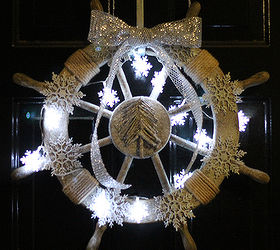 nautical christmas wreath, crafts, seasonal holiday decor, wreaths, Here is my nautical wreath all lit up at night I would have preferred warm lights over the cool ones they are a tad bright for me I still love it though