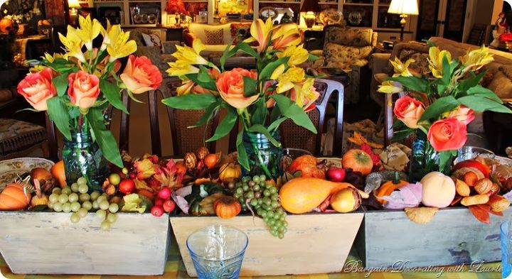 thanksgiving dinner table, seasonal holiday d cor, thanksgiving decorations, Flowers surrounded by nature s bounty