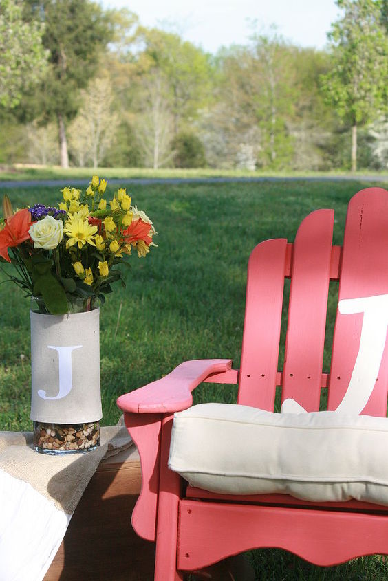 a little paint and stencil to jazz up the adirondack chair, painted furniture, added cushion ready to relax