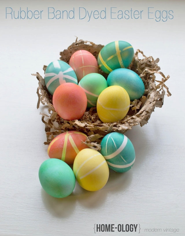 a modern twist to dying easter eggs, crafts, easter decorations, seasonal holiday decor, Create random patterns by attaching rubber bands to your hard boiled eggs before dying