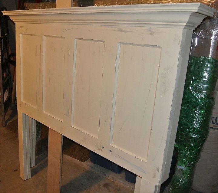 popcorn white 4 panel old door headboard with gray distressing applied, bedroom ideas, painted furniture, repurposing upcycling