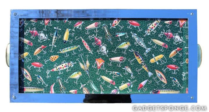 repurposed chrome shelf supports into trays, repurposing upcycling, shelving ideas, I used some vintage retail wrapping paper that features vintage fishing lures