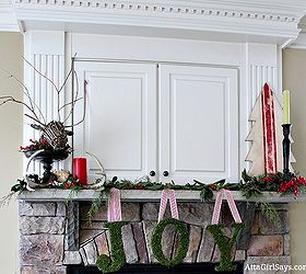 christmas mantel decorated with antlers holly and cedar, fireplaces mantels, seasonal holiday d cor, Christmas mantel with grain sack tree moss covered JOY and twig deer head mount