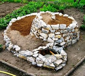 how to build a herb spiral garden, diy, flowers, gardening, homesteading, how to, perennial, The height is built up in the center water added to pond and top layers of compost to plant into go in last and finally mulch