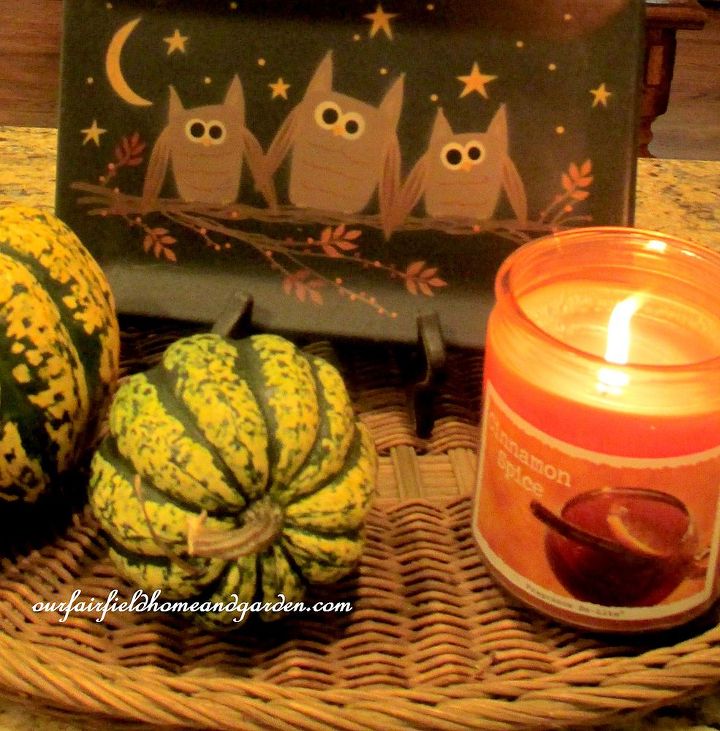 fall kitchen, home decor, seasonal holiday decor, Our Fall kitchen decorations gourds a cinnamon candle and a tray with little funny faced owls