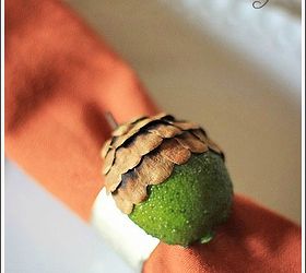 thanksgiving napkin ring craft, seasonal holiday d cor, thanksgiving decorations, For this craft project you will need hot glue pine cones plastic limes and a napkin ring