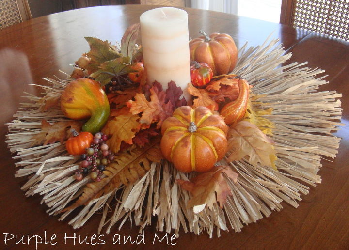 how to make a raffia centerpiece, crafts, home decor, seasonal holiday decor, wreaths, Decorate as you like such as using a candle in the center and adding an assortment of leaves pumpkins berries and gourds