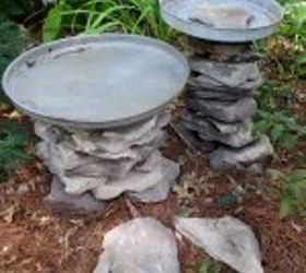stacked stone bird baths, outdoor living, repurposing upcycling, The lids I had were different sizes so I made the bases larger or smaller to fit the lid Also vary the heights to add interest