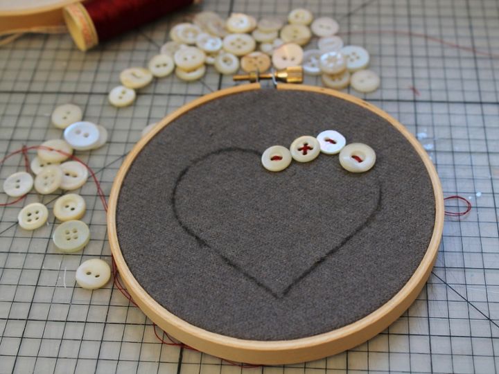 vintage button valentine heart, crafts, repurposing upcycling, seasonal holiday decor, valentines day ideas, Draw your heart and start stitching around the outline