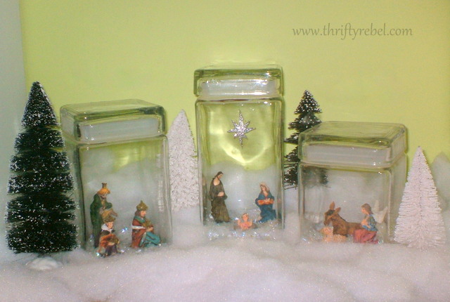 mini nativity set displayed in jars, seasonal holiday decor, Mini Nativity Set Displayed in Jars