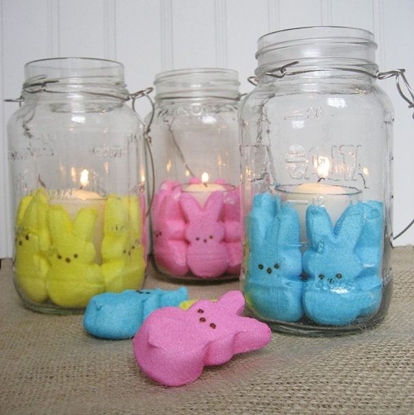 practically free mason jar candles for every season, home decor, mason jars, repurposing upcycling, Peeps are the perfect addition for Easter