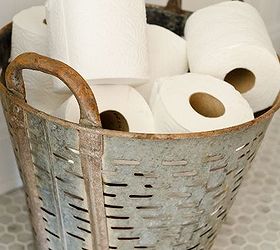 farmhouse bathrooms, bathroom ideas, diy, flooring, home decor, how to, repurposing upcycling, Miss Mustard Seed shares a vintage olive basket for toilet tissue display