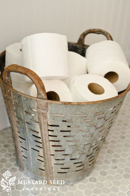 farmhouse bathrooms, bathroom ideas, diy, flooring, home decor, how to, repurposing upcycling, Miss Mustard Seed shares a vintage olive basket for toilet tissue display