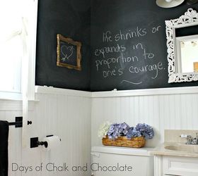 vintage schoolhouse powder room, bathroom ideas, home decor, repurposing upcycling, Everyone loves writing on the chalkboard walls Guests always leave such sweet messages