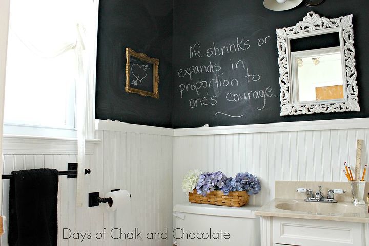 vintage schoolhouse powder room, bathroom ideas, home decor, repurposing upcycling, Everyone loves writing on the chalkboard walls Guests always leave such sweet messages