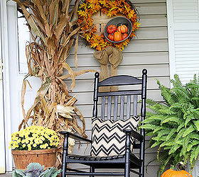 fun and festive fall porch, curb appeal, gardening, outdoor living, seasonal holiday decor, wreaths, I made the chevron pillows with inexpesive burlap fabric found at Hobby Lobby