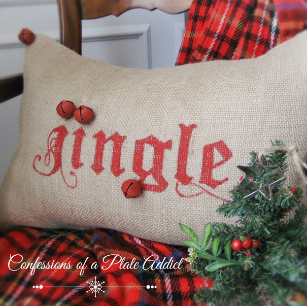 pottery barn inspired jingle pillow, seasonal holiday d cor, Just add a few flourishes with a red Sharpie hot glue the jingle bells and taaa daaa holiday fun