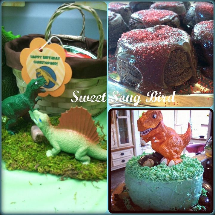 a dino mite party, crafts, Lava cakes and a Dino cake were served