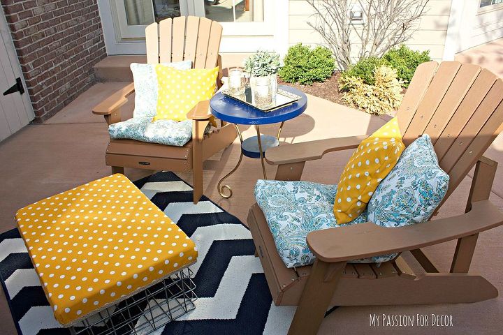 bright and sunny outdoor fabric ottoman, outdoor furniture, outdoor living, painted furniture, reupholster