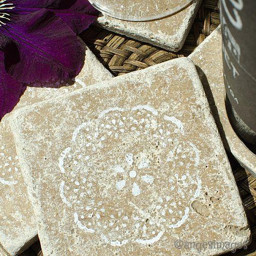 stencilled coasters in tumbled marble, crafts, Vintage lacy looking pattern on tumbled marble tile