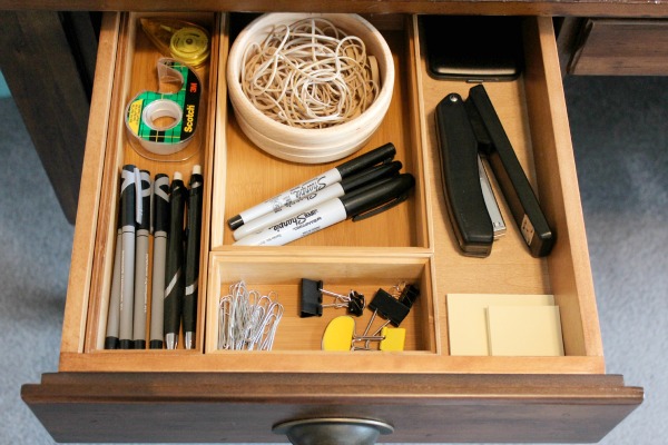 easy office drawer organization, craft rooms, home office, organizing, The containers keep items from shifting around